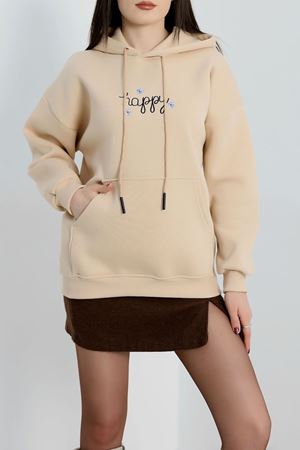 3 İplik Kanguru Cepli Kapşonlu Sweat Bej - 42250.1878.