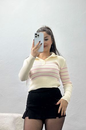 Polo Yaka Çizgili Triko Bej - 4002.2043.