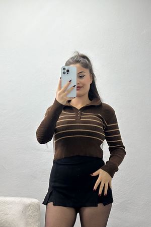 Polo Yaka Çizgili Triko Kahve - 4002.2043.