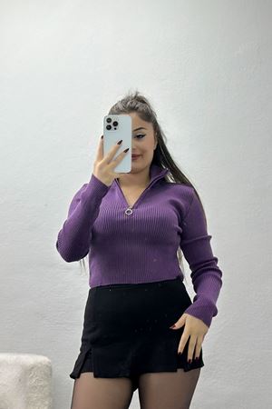 Fermuar Yaka Triko Mor - 4010.2043.