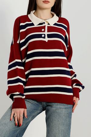 Çizgili Polo Yaka Triko Bordo - 4074.2043.