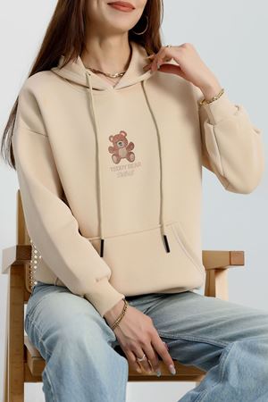 3 İplik Kanguru Cepli Kapşonlu Sweat Bej - 42254.1878.