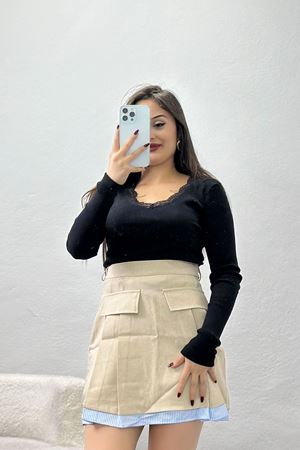 V Yaka Dantelli Kaşkorse Bluz Siyah - 1783.1095.