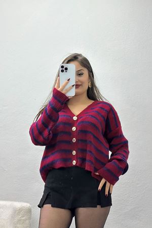 Çizgili Triko Hırka Bordo - 2319.1765.