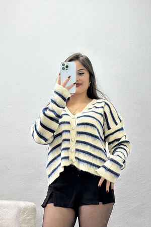 Çizgili Triko Hırka Ekru - 2319.1765.