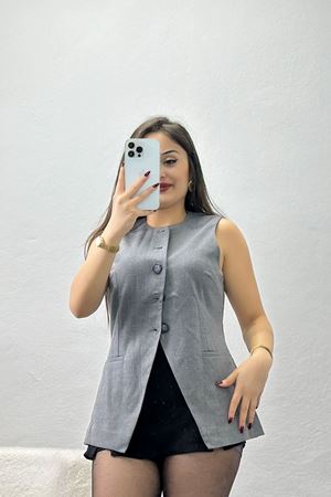 Quzu Düğmeli V Kesim Kolsuz Yelek Koyugri - 90171.2002.
