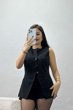 Quzu Düğmeli V Kesim Kolsuz Yelek Siyah - 90171.2002.