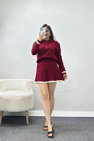 Polo Yaka Etekli Triko Takım Bordo - 2300.1765.