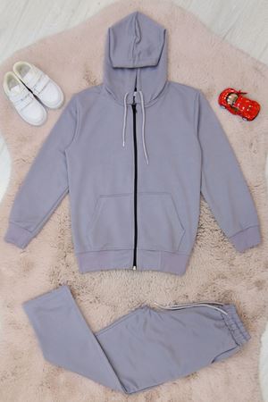 9-12 Yaş İki İplik Şardonsuz Fermuarlı Kapşonlu Takım Gri - 42199.1937.