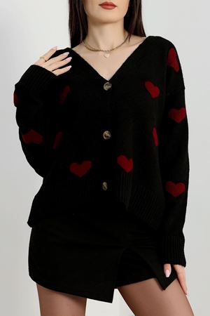 Şardonlu Kalp Desenli Hırka Siyahbordo - 31063.1766.