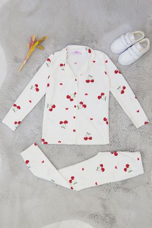 5-12 Yaş Süet Düğmeli Pijama Takımı Beyazkiraz - 50760.1048.