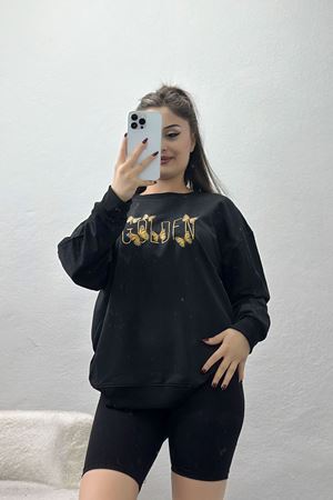 2 İplik Baskılı Sweatshirt Siyah - 31303.1878.