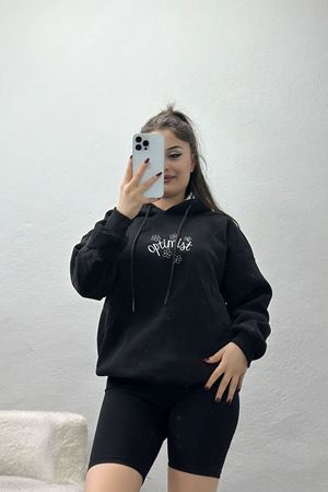 3 İplik Kapşonlu Nakışlı Sweat Siyahbeyaz - 42230.1878.