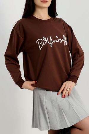 2 İplik Baskılı Sweatshirt Acıkahveekru - 31299.1878.