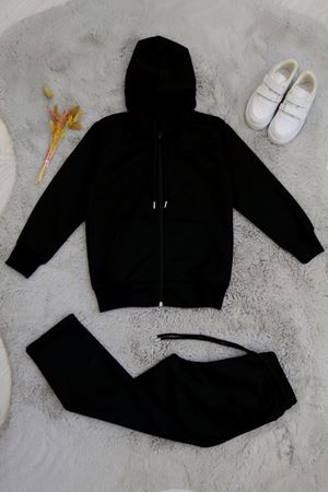 5-8 Yaş İki İplik Şardonsuz Fermuarlı Kapşonlu Takım Siyah - 42198.1937.