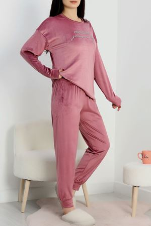 Likralı Fransız Kadife Pijama Takımı Pudra - 42068.1049.