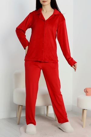 Likralı Fransız Kadife Düğmeli Pijama Takımı Kırmızı - 42069.1049.