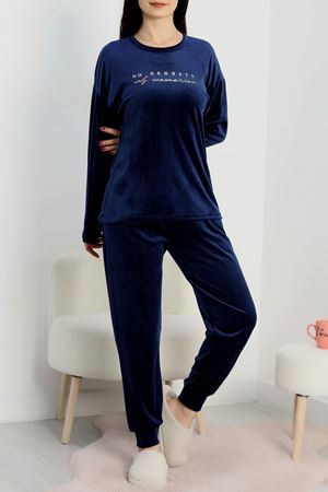 Likralı Fransız Kadife Pijama Takımı Lacivert - 42068.1049.
