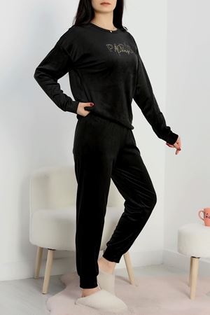 Likralı Fransız Kadife Pijama Takımı Siyah - 42068.1049.