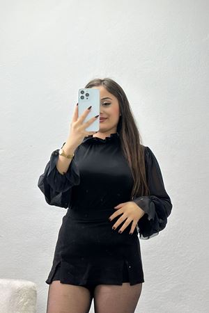 Kolu Tüllü Dik Yaka Sandy Bluz Siyah - 70727.1949.