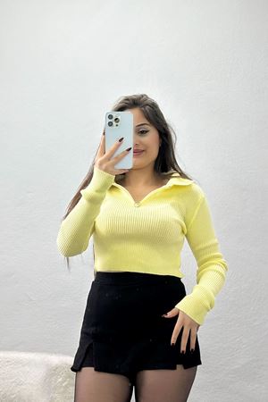 Fermuarlı Polo Yaka Triko Tereyağsarı - 4009.2043.