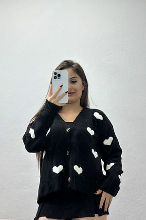 Şardonlu Kalp Desenli Hırka Siyah - 31063.1766.