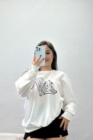2 İplik Baskılı Sweatshirt Ekrusiyah - 31302.1878.