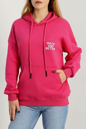 3 İplik Kanguru Cepli Kapşonlu Sweat Fuşyabeyaz - 42257.1878.