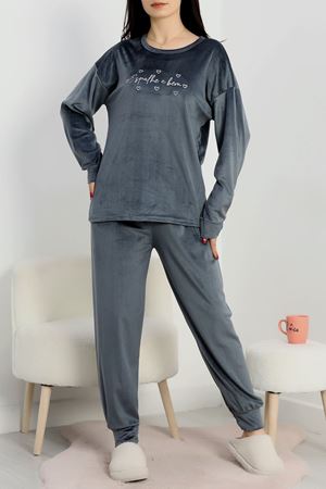 Likralı Fransız Kadife Pijama Takımı Füme - 42068.1049.