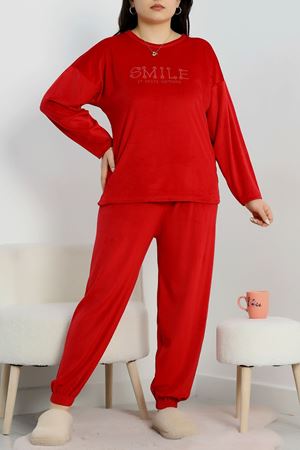Büyük Beden Likralı Fransız Kadife Pijama Takımı Kırmızı - 42066.1049.