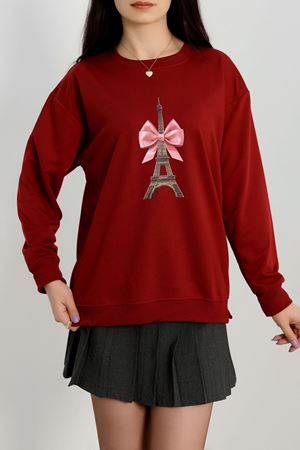 2 İplik Baskılı Sweatshirt Bordo - 31301.1878.
