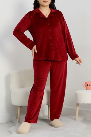 Büyük Beden Likralı Fransız Kadife Pijama Takımı Bordo - 42067.1049.