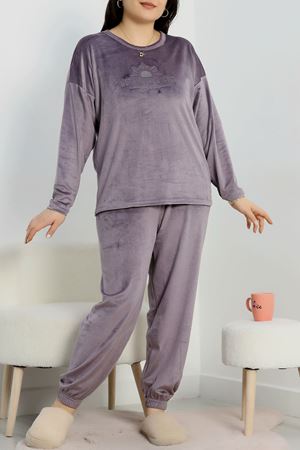 Büyük Beden Likralı Fransız Kadife Pijama Takımı Lila - 42066.1049.