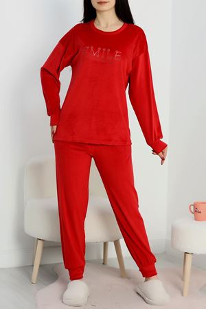 Likralı Fransız Kadife Pijama Takımı Kırmızı - 42068.1049.