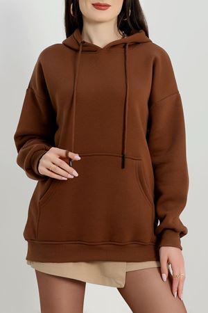 3 İplik Kanguru Cepli Kapşonlu Sweat Kahve - 42256.1878.