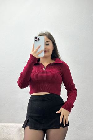 Fermuarlı Polo Yaka Triko Bordo - 4009.2043.