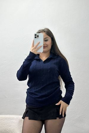 Örgü Desenli Polo Yaka Triko Lacivert - 4017.2043.