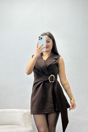 Dabıl Kumaş Bağlamalı Astarlı Yelek Acıkahve - 31359.1397.