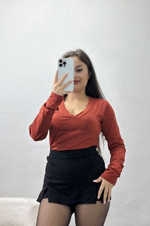 V Yaka Parmak Geçmeli Likralı Kompak Body Kiremit - 90935.1878.