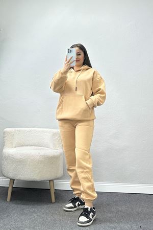 Kapşonlu Crop Eşofman Takımı Bej - 20965.1878.