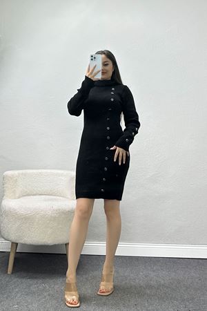 Akrilik Düğmeli Triko Elbise Siyah - 31056.1766.