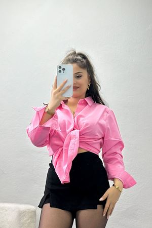 Terikoton Gizli Düğmeli Kadın Gömlek Tunik Pembe - 90112.1949.