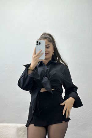 Teri Koton Gizli Düğmeli Kadın Gömlek Tunik Siyah - 90112.1949.