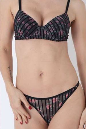 Çiçek Baskılı Dikine Flok Çizgili Takım Boş Mavi - 2565-B.1783.