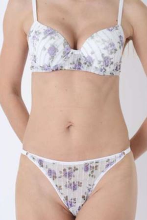 Çiçek Baskılı Dikine Flok Çizgili Takım Boş Ekru - 2565-B.1783.