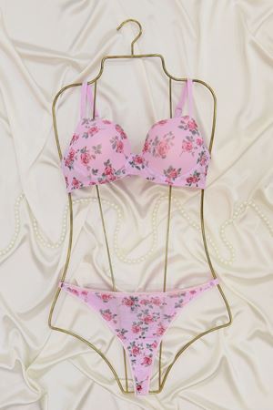 Çiçek Baskılı Tül Takım Boş Kap Pembe - 2563-B.1783.