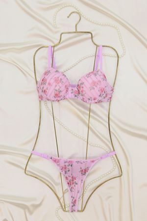 Çiçek Baskılı Dikine Filok Çizgili Takım Dolu Lila - 2565.1783.