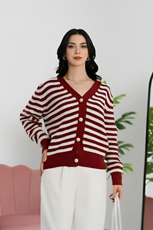 V Yaka Çizgili Hırka Bordolatte - 4038.1577.