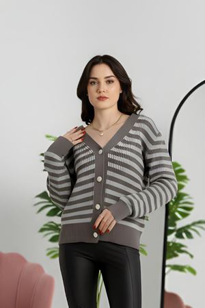 V Yaka Çizgili Hırka Fümegri - 4038.1577.