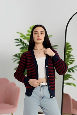 V Yaka Çizgili Hırka Lacivertbordo - 4038.1577.